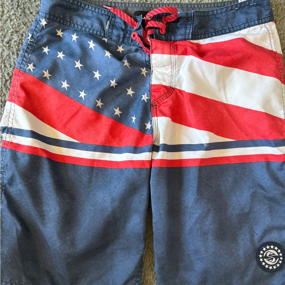 Hurley Red and White Board Shorts with Patriotic Design